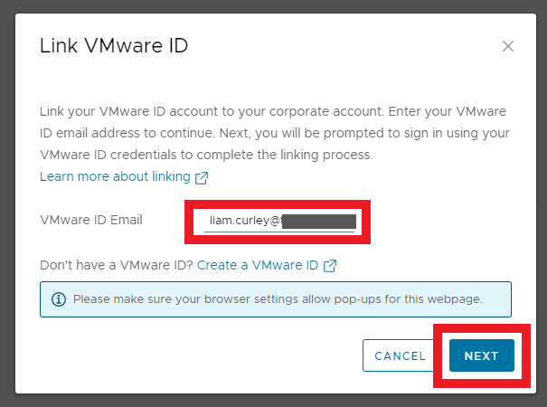 Link Azure AD Federated account to VMware Cloud Service Platform